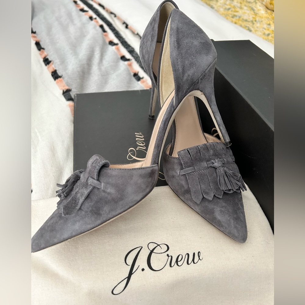 J. Crew Elsie Suede D'orsay Pumps with fringe in Heron Grey size 9.5